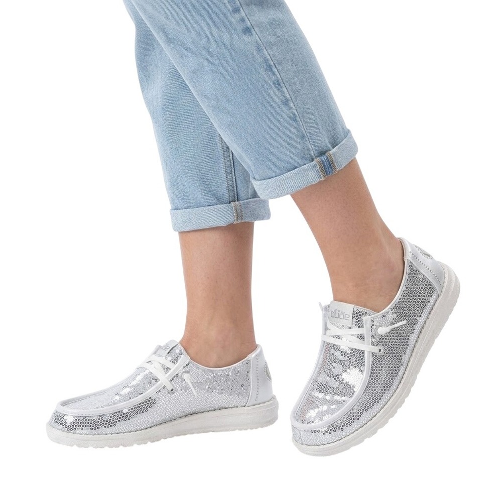 Hey Dude Wendy Disco Sequin Women 8 Silver Sparkle Rhinestone Loafers 43476-04F